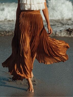 Pleated Maxi Skirt in Warm Brown - Women's Flowing Skirt 20” Waist, 31”L